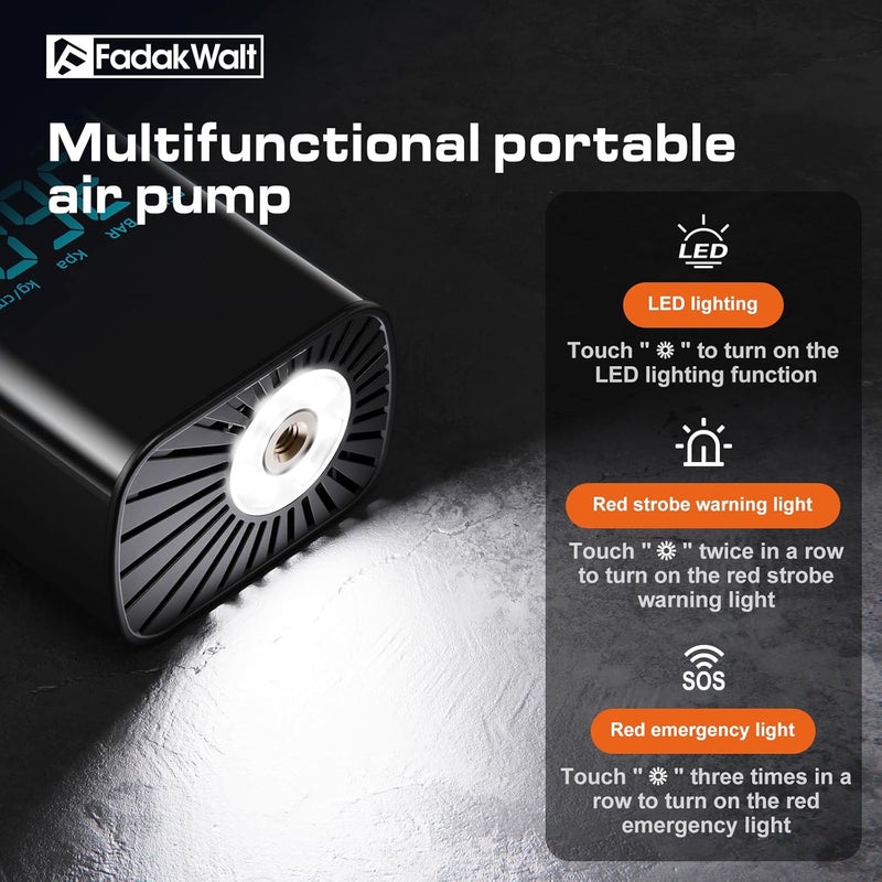 FADAKWALT Tire Inflator Portable Air Compressor, 150 PSI Cordless Air Pump with Digital Pressure Gauge, LED Light, Auto Shut-Off, for Car, Motorcycle, Bike, Ball – Not for Truck Tires - Image 4